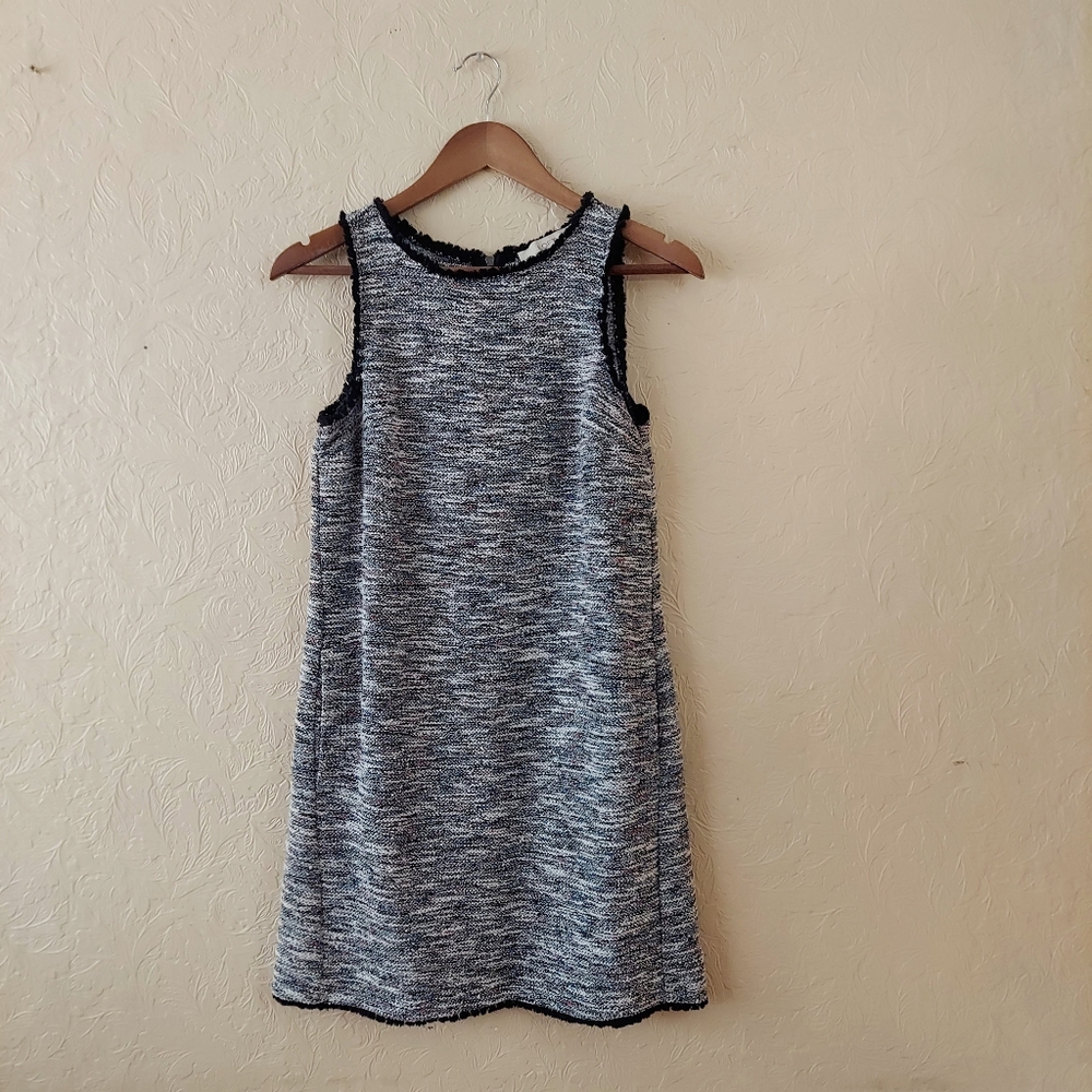 Loft Tweed Sleeveless Shift Dress Black Fringe Detail Pockets Sz XS